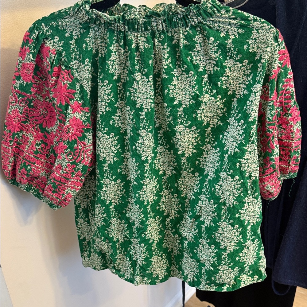 Green floral top with embroidered puff sleeves
